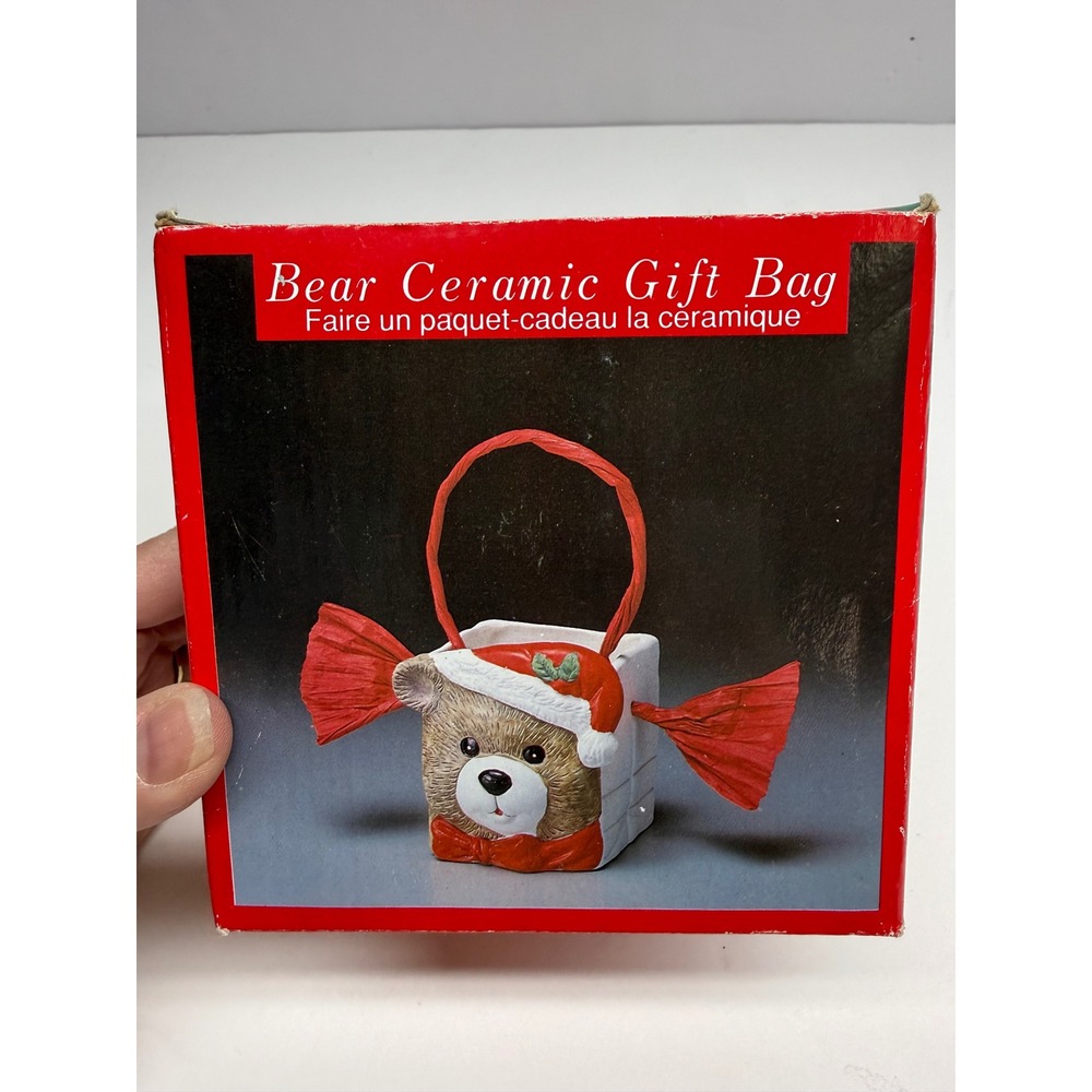 Vintage SCC Christmas Bear Ceramic Gift Bag Hand Painted HolidayDecor Candy Dish